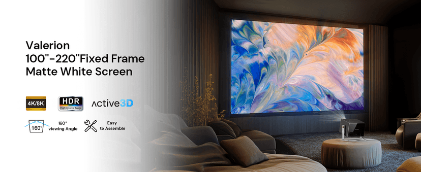 150-inch Fixed Frame Projector Screen, 1.3 dB Gain, 80% PQE, 4K/8K Ultra HD, 3D Wall Mount Projector Screen, Works with Long Throw, Short Throw & Ultra Short Throw Projectors