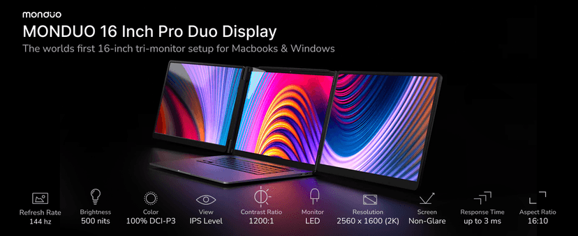 16" Pro Triple Laptop Screen Extender, Dual 16" 2k Portable Monitors, 144Hz, 100% DCI-P3, Compatible with 16" MacBook Pro M1, M2, M3, M4 & Windows Laptops, for Gaming, Creators, & Professional