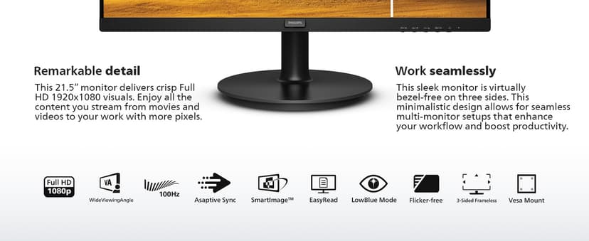 Philips 221V8LB 22 inch Class Thin Full HD (1920 x 1080) Monitor, 100Hz Refresh Rate, VESA, HDMI x1, VGA x1, LowBlue Mode, Adaptive Sync, 4 Year Advance Replacement Warranty