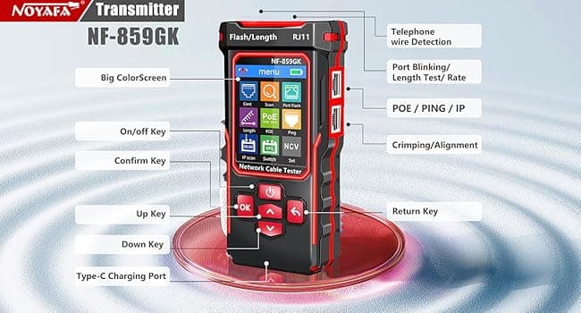 NOYAFA NF-859GK Network Cable Tester with IP Tester 10mw Visual Fault Locator,PING/POE/RJ45 RJ11 CAT5 CAT6 Cable Toner Ethernet Tester for Phone Lines CAT3, Ethernet,Wire Tracer LAN Network Tool