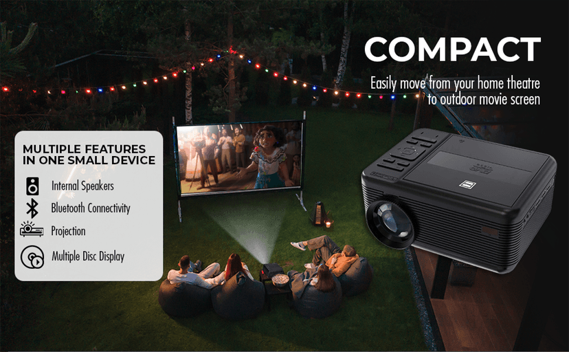 RCA DVD PROJECTOR WITH SPEAKER BUILT IN - Mini Portable Projector with Bluetooth - Indoor/Outdoor Projector and Screen Package - HDMI/AV/VGA/Micro SD Compatible - Quiet Fan System - 1920x1080 Res