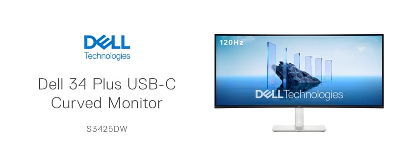 Dell 34 Plus USB-C Curved Monitor - S3425DW - 34-inch (3440 x 1440) up to 120 Hz 21:9 Display, VA Panel, AMD FreeSync Premium, 99% sRGB, 95% DCI-P3, Integrated Speakers, 3000:1 Contrast Ratio