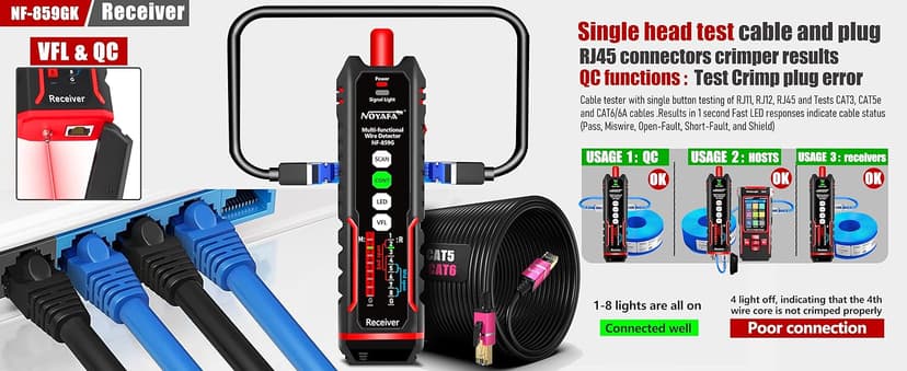 NOYAFA NF-859GK Network Cable Tester with IP Tester 10mw Visual Fault Locator,PING/POE/RJ45 RJ11 CAT5 CAT6 Cable Toner Ethernet Tester for Phone Lines CAT3, Ethernet,Wire Tracer LAN Network Tool